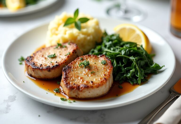 Baked Pork Chops with Greens and Mashed Potatoes