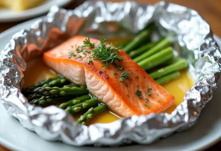 Baked Salmon in Foil with Asparagus and Garlic Butter Sauce