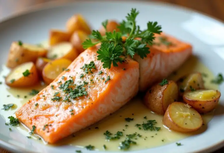 Baked Salmon with Lemon Sauce and Potatoes