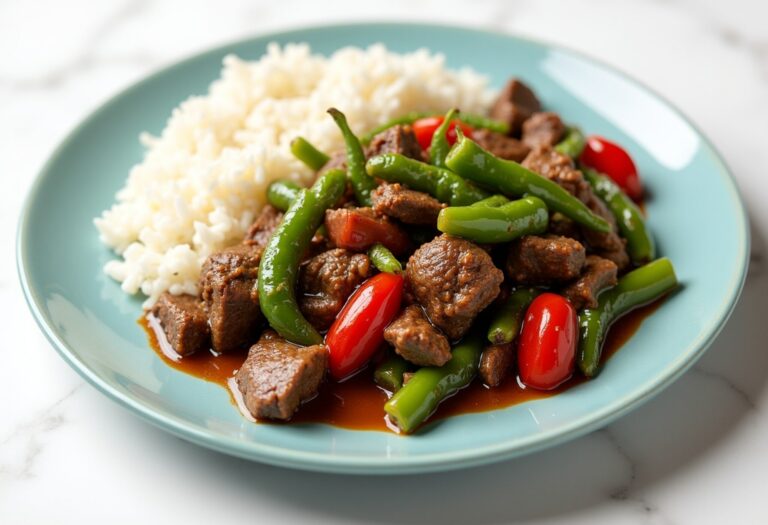 Beef Tips and Rice with Green Peppers