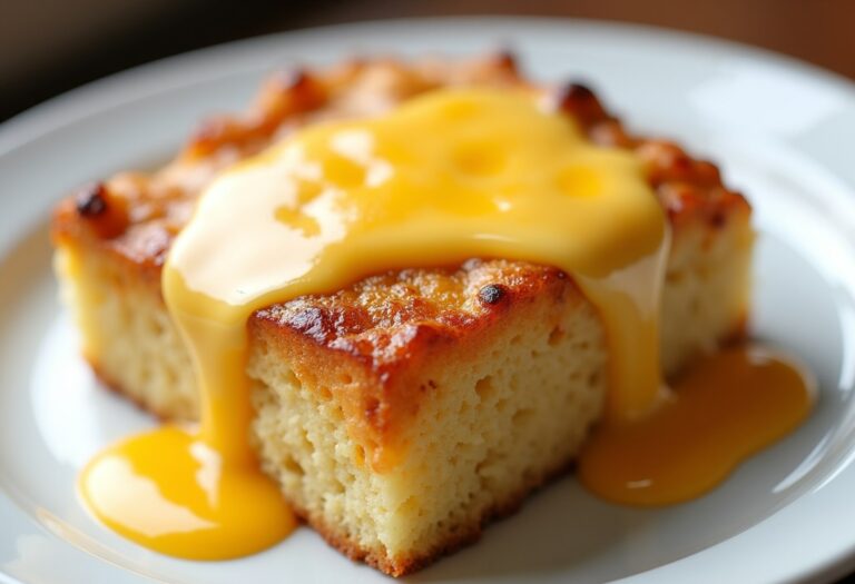 Bread Pudding with Vanilla Sauce and Melted Cheese