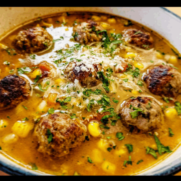 Comforting Soup with Meatballs, Corn, and Parmesan