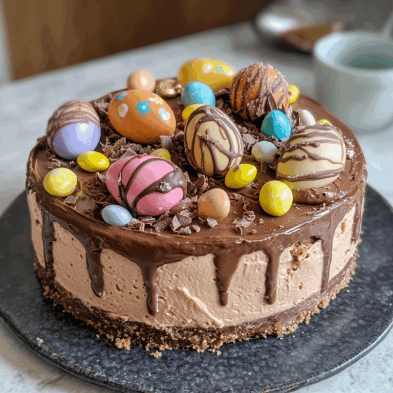 Easter Egg Cheesecake with Chocolate Frosting and Candies