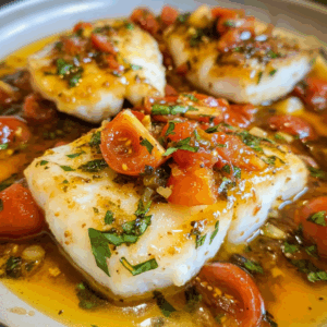 Pan-Seared Cod in White Wine Tomato Basil Sauce