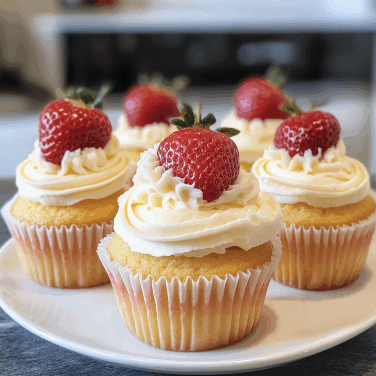 Delightful Cupcakes with White Frosting and Strawberries
