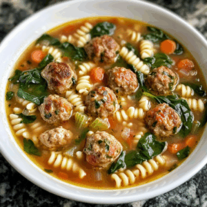 Hearty Italian Meatball Soup with Pasta and Spinach