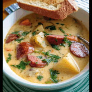 Hearty Kielbasa Potato Soup with Homemade Croutons
