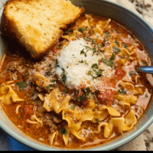 Cozy Lasagna Soup with Toasted Bread and Parmesan