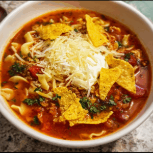 Lasagna Soup with Crispy Tortilla Chips