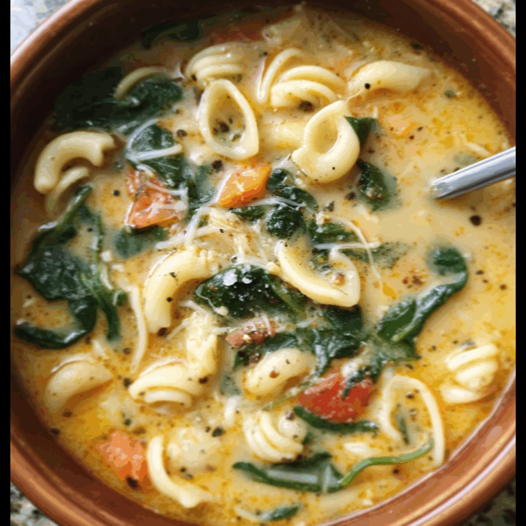 Creamy Pasta Soup with Spinach and Cheese