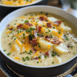 Creamy Potato Soup with Cheesy Bacon Topping